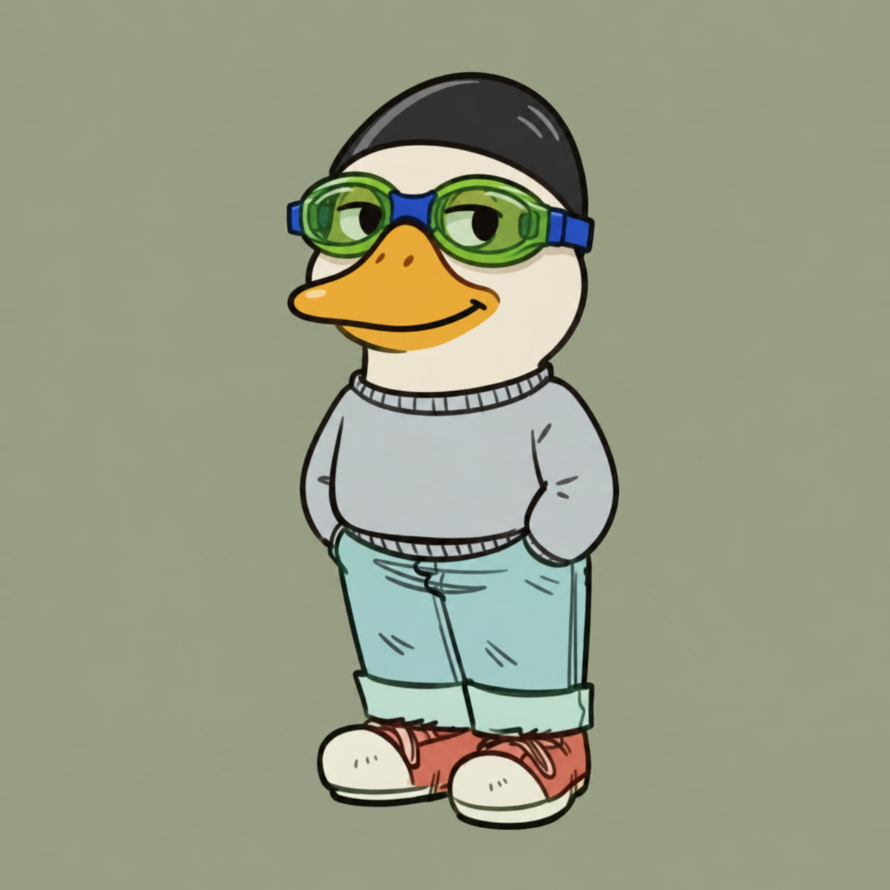 Chillduck in green goggles, a black beanie, grey sweater, mint jeans and red sneakers